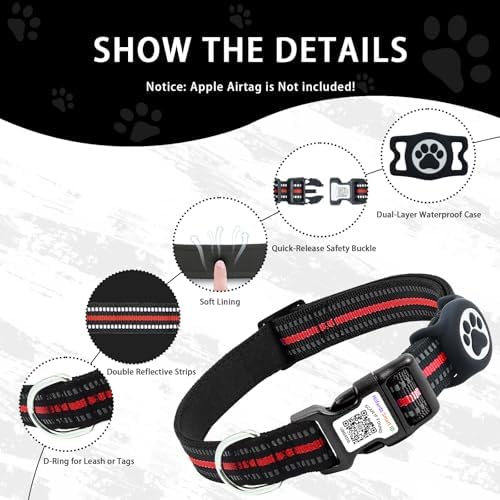Dog Collar with Tracker Holder and QR Code ID, Waterproof Bluetooth Tracker Case, Reflective Padded Nylon for Small Medium Large Dogs
