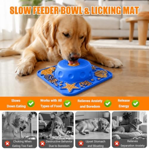 2-in-1 Slow Feeder Dog Bowl with Rolling Ball, Large Silicone Dog Lick Bowl
