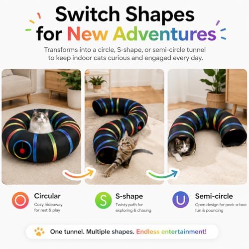 Cat Tunnel Toy with Plush Ball & Cat Wand Feather Toys-Portable Tattaff Waterproof Washable-Interesting Pattern Collapsible Black Rainbow