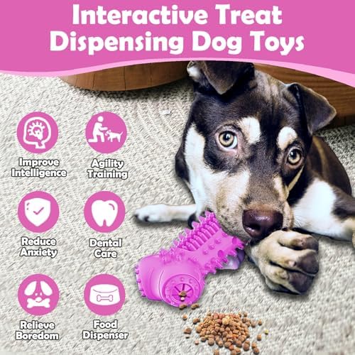 Toothbrush Dog Chew Toy, Stick Bone for Dog Teeth Cleaning, Tooth Brushing, Teething Chew Toys, Interactive Treat Dispenser Toy & Bite and Brush Toy for Medium and Large Dogs - Pink