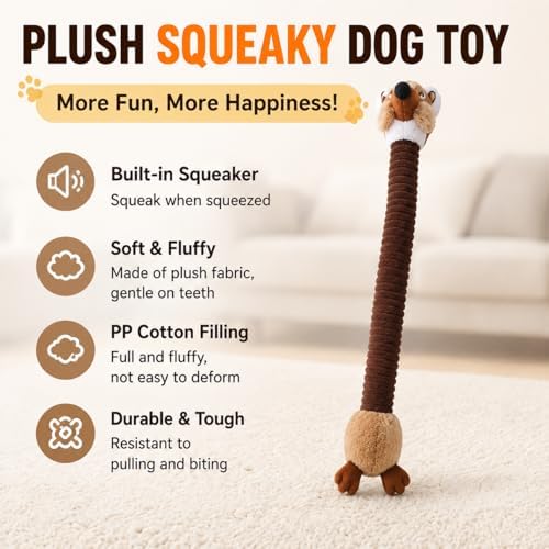 Long Squeaky Dog Toy Plush Stuffed Dog Toy for Aggressive Chewers, Interactive Crinkle Chew Toy for Tug of War, Soft Durable Pet Toy for Small Medium Large Dogs (Brown Fox)