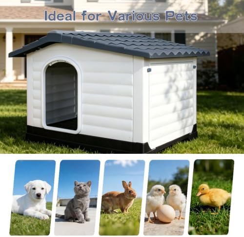 2-Door Small Dog House with Fold-Out Porch and Elevated Base, Gray