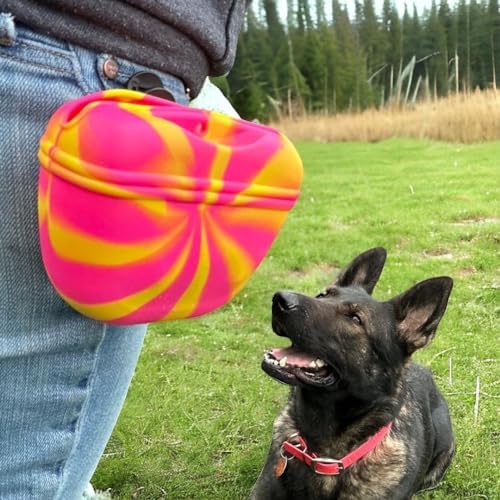 SparkDog K9 Snack Sack – Clip-On Silicone Dog Treat Pouch with Magnetic Closure, Hands-Free Training Bag for Walks, Obedience, Agility, Puppy & Dog Training Accessories (Pink Swirl)