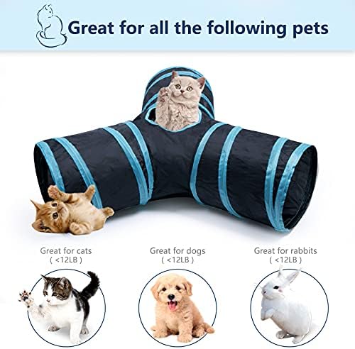 3 Way Cat Tunnel Collapsible Fun Pet Play Tube Toys for Cats, Kittens, Puppies & Rabbits - Portable Tunnel with Hanging Ball for Indoor Play, Hideout & Exercise