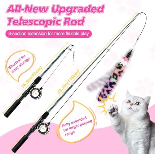 Pawaboo Cat Teaser Wand Toys, Cat Fishing Pole Toy with 3 PCS Feathers