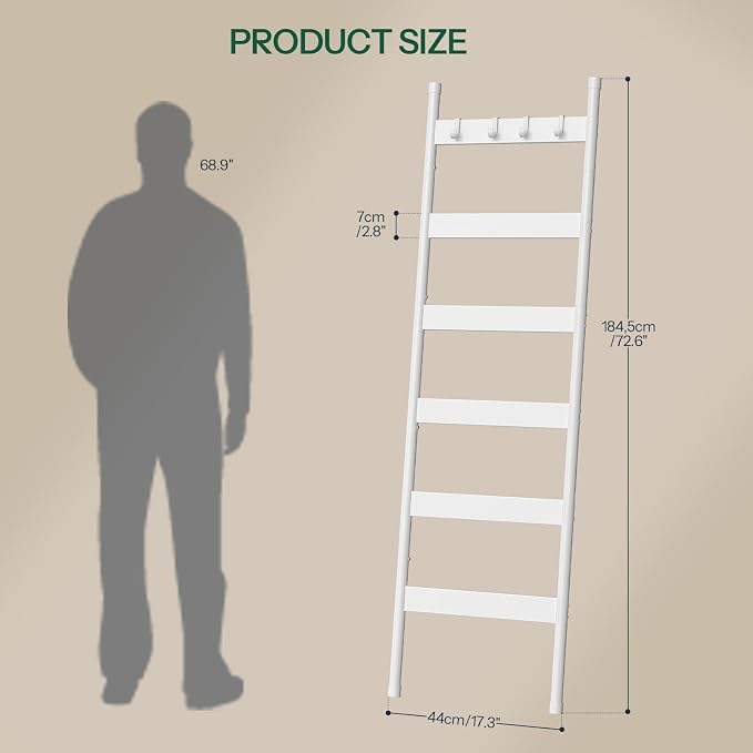 HOOBRO Blanket Ladder, 6-Tier Towel Rack with Hooks, Wall-Leaning Blanket Rack, Decorative Display Ladder Shelf, for Scarves, Industrial, Living Room, Bedroom, White WW66CJ01