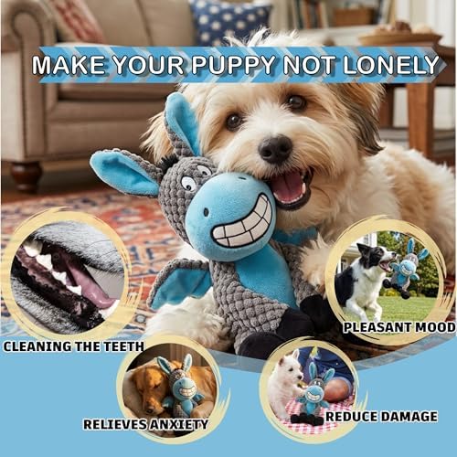 Donkey Squeaky Interactive Dog Toy -7.4''X9.8'' Plush Stuffed Chew Dog Toy with Crinkle Paper for Small Dogs and Puppies，Dog Birthing Teething Toy（Blue）