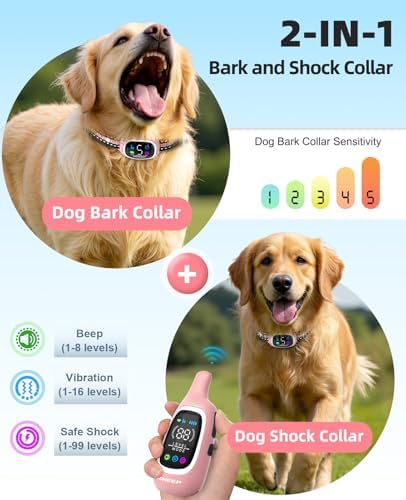 2-in-1 Dog Shock Collar and Bark Collar for Dogs – 3300FT Dog Training Collar with Remote, IP67 Waterproof e Collar with Anti-Bark/Beep/Vibration/Shock Modes for Small Medium Large Dog(8-120Lbs)