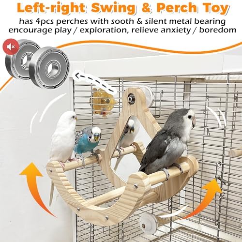 Rocking Bird Perch Toy with Mirror for Cage, Enrichment Parakeet Toys