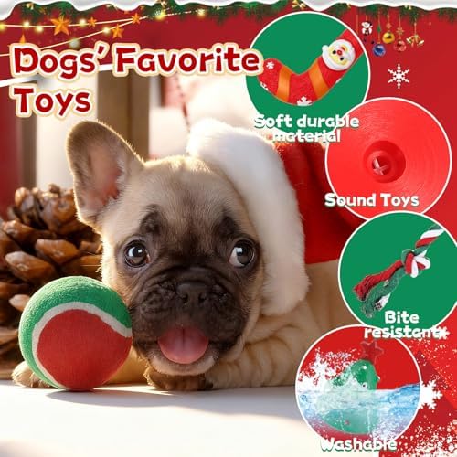 Shappy 2 Sets 8 Pcs Christmas Dog Stocking Toys with Squeaky Dog Toys, Santa Cane, Tennis Ball, Xmas Tree, Rope, Bone, Xmas Stocking Pet Set, Interactive Pet Gifts