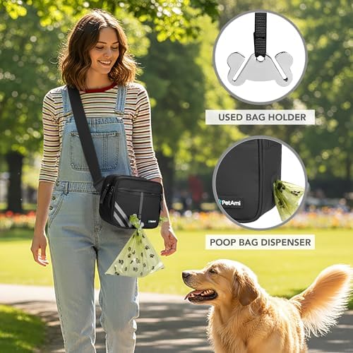 PetAmi Dog Walking Bag, 3-in-1 Crossbody Fanny Pack Treat Pouch, Black