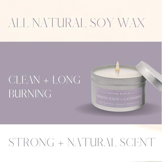 River Birch Candles White Sage + Lavender Scented Candle | Premium, All-Natural, Non-Toxic, Soy Candles | 8 oz. Silver Tin Travel Candle | Cozy Relaxing Gifts for Home