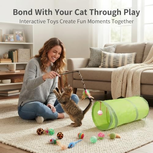 Cat Toys Variety Pack for Indoor Cats, 21PCS Interactive Kitten Toys Set with Collapsible Cat Tunnel, Feather Teaser Wand, Plush Mice, Balls & Cat Toys for Kittens and Adult Cats