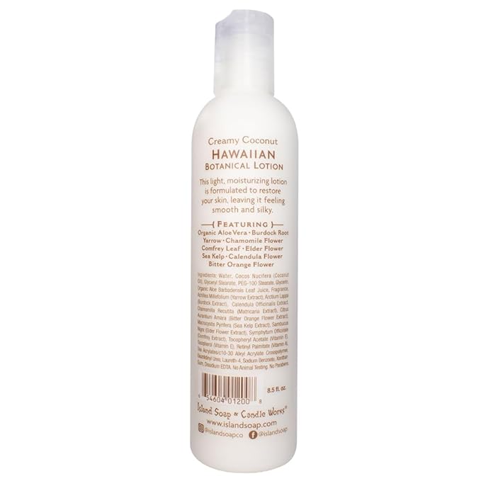 Island Soap and Candle Works Botanical Coconut Scented Body Lotion for Men and Women - Paraben Free Body Moisturizer - Hydrating Hawaiian Skincare - Creamy Coconut - 8.5 Fl Oz. Bottle