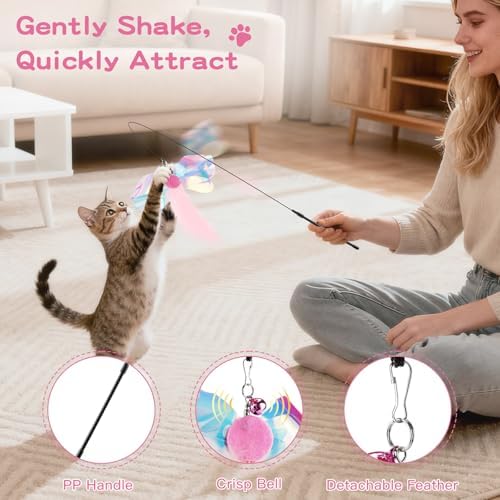 Pawaboo Cat Feather Wand Interactive Toy, 2 Feathers + 1 Wand with Bell