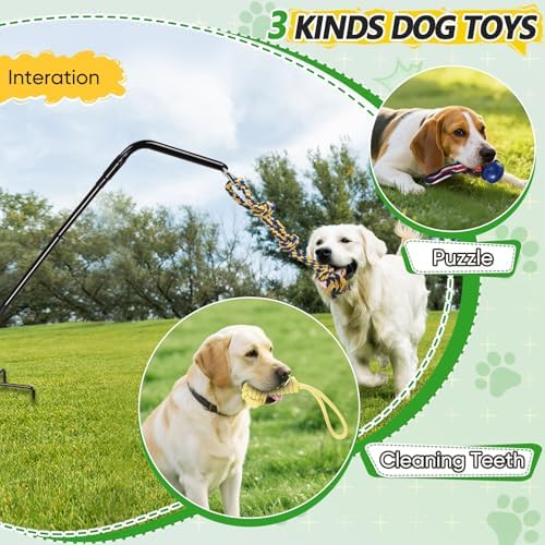 HVDI Tether Dog Toy Rack with 3 Tug Rope Toys, Dog Rope Play Spring Rack and Interactive in Yard, Park, Lawn, Adjustable Height Suitable for Large, Medium, Small Dogs (55 Inches)