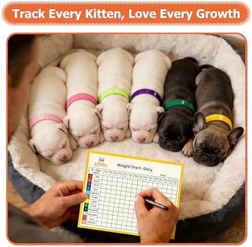 Newborn Puppy Collar Set of 12 with Numbered Tags & Weight Tracker Chart, Soft Adjustable Kitten Collar, Puppy Collars for Litter, Whelping Supplies for Kitten Small Dogs (S/M/L) (M)