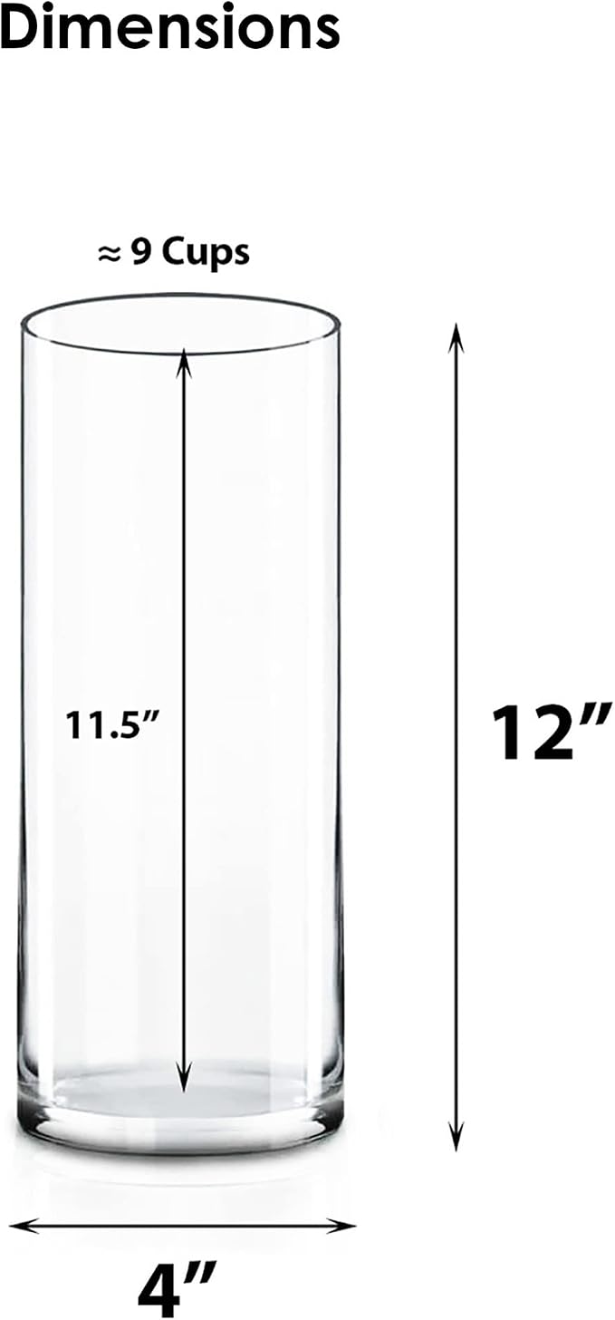 CYS Excel Clear Glass Cylinder Vase (H:12" D:4") | Multiple Size Choices Glass Flower Vase Centerpieces | Hurricane Floating Candle Holder