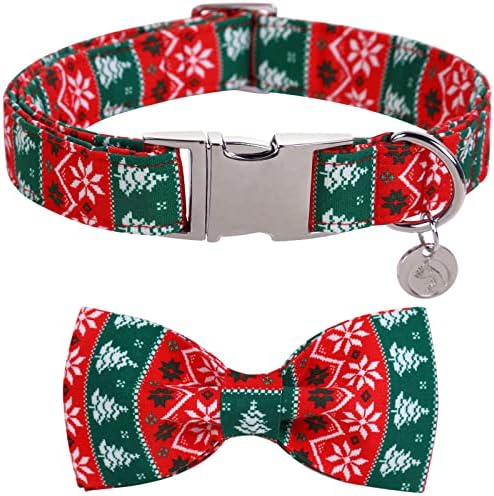 DOGWONG Christmas Dog Collar with Bow tie, Red Green Strip Snowflake Dog Collar Soft Durable Adjustable Cotton Puppy Collar for Small Medium Large Dog