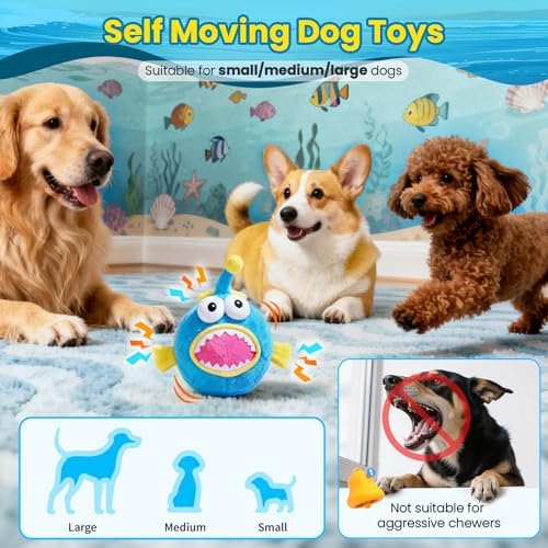 UPGRADED Interactive Moving Dog Toy, Bouncing Dog Toy with Rouncing Ball, Squeaky Plush Electronic Dog Toy for Small Medium Large Dogs, Vibrating Music Recording Mode to Keep Them Busy (Lanternfish)