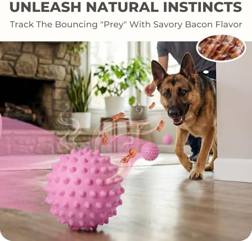 3.5" Durable Squeaky Dog Ball Toy for Puppy Medium Large Dogs(25-80 lbs): Bacon Flavored Pink Spiky Rubber Bouncing Floating Balls for Dogs, Tough Large Outdoor Dog Water Fetch Toys, Dog Gifts