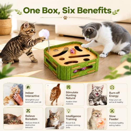 5-in-1 Cat Puzzle Box Toy for Indoor Cats Boredom Relief Interactive Wooden Cat Enrichment Maze with Balls, Feather Wands & Spiral Springs, Slow Feeder Treat Dispenser for Kittens & Adult Cats
