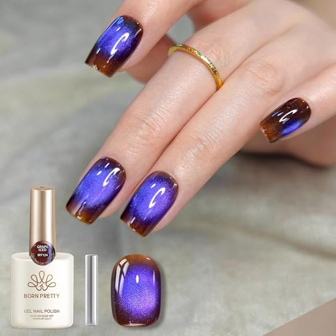 Born Pretty Dark Purple Cat Magnetic Eye Gel,Glitter Cat Magnetic Gel Polish,Fall Winter Magnetic Nail Polish for Nail Art Manicure Salon DIY at Home 15ML