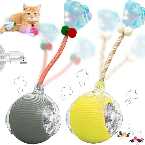 Speedy 2.0 Tail 2 Packs Interactive Cat Toys for Indoor Cats, Automatic Cat Toy with Elastic Mesh Tail, Electric Rolling Ball on Carpet, Chirping and Motion Activate Cat