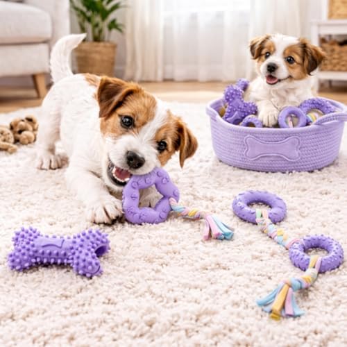 Puppy Chew Toys, 6 Pack Puppy Teething Toys for Small Breed, Soft Rubber Cute Purple Dog Toys, Eco-Friendly, Teeth Cleaning Interactive for Small Dogs (Basket not Included)