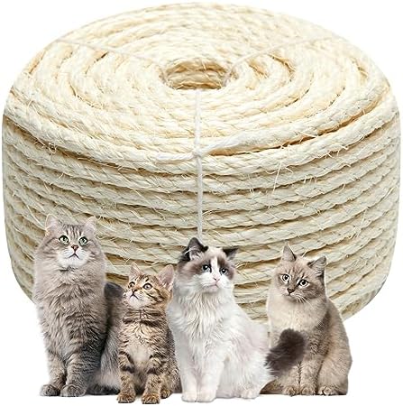 White Sisal Rope 1/4 Inch by 65-Feet for Cat Scratching Post Tree Tower Replacement Repair and Replace, DIY Hemp Twine Rope for Kittens Shelves Furniture Window Bed Perch Kicker Toys, 6mm by 20m