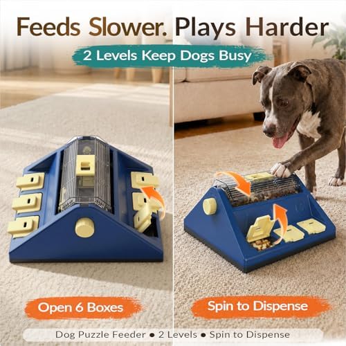 KADTC 2-Level Dog Puzzle Toy Rotating Treat Dispenser for Small/Medium Dogs | L. 4-cup capacity. Longer meals. Adjustable food flow. Burn energy. Beat boredom. Build brainpower. Meals become enrichment.