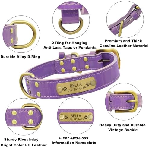 Personalized Genuine Leather Dog Collar with Engraved Name Plate - Durable and Stylish Custom Dog Collar for Small, Medium, and Large Dogs (XL,Light Purple)