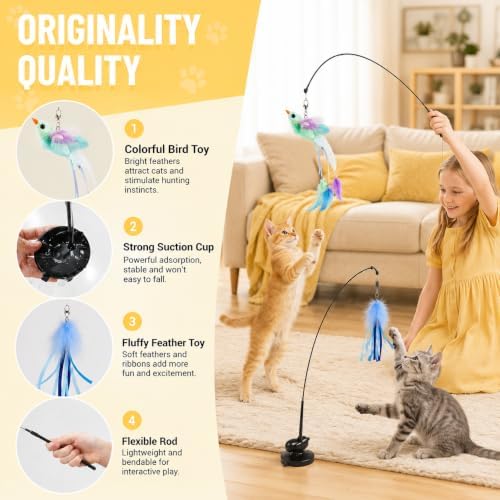 Interactive Cat Wand Toys, 2 Wands with 3 Feather Refills for Indoor Cats