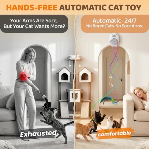 Interactive Cat Toys for Indoor Cats, Automatic Rechargeable Hanging Feather Wand with Flying Motion, 4 Packs Replaceable Accessories, Exercise Enrichment Toy for Cats, Long-Lasting USB Charging