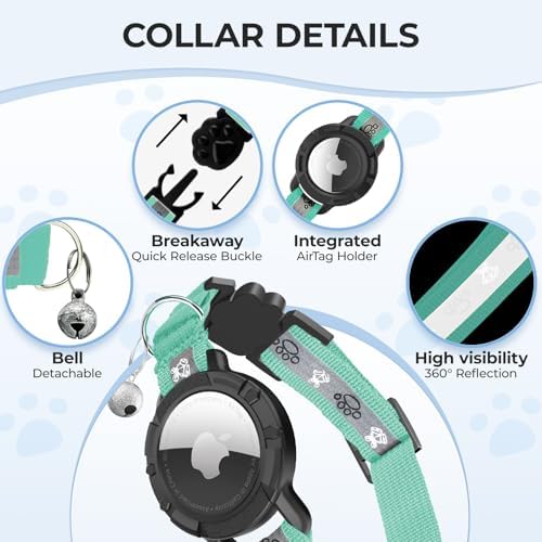 Breakaway AirTag Cat Collar, Reflective Cat Tracker Collar with Bell | Built in AirTag Holder, Adjustable 8.5-12in for Cats, Kittens and Puppies, Safety Elastic Band, Reflective for Night Walking