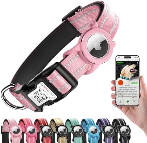 Reflective Dog Collar with AirTag Holder, Waterproof Dog Collar with QR Code, Heavy Duty Adjustable Pet Collar for Small Medium Large Dogs, Pink