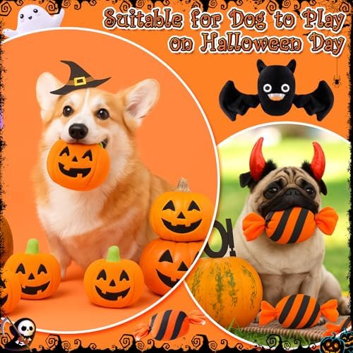 24 Pcs Halloween Dog Squeaky Toys, Pumpkin Bat Candy Ghost Cat