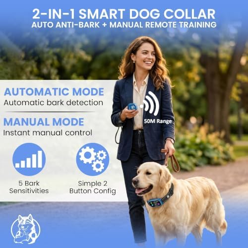 No-Shock: Beep & 2X Vibration Smart Dog Bark Collar| 2-in-1 Auto Anti-Bark & Training E-Collar with Remote| 10lbs+| Small Medium Large Dogs| 4 Humane Modes| Rechargeable| 5 Sensitivities
