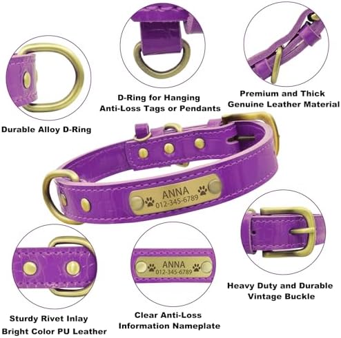 Personalized Genuine Leather Dog Collar with Engraved Name Plate - Durable and Stylish Custom Dog Collar for Small, Medium, and Large Dogs (S,Purple)