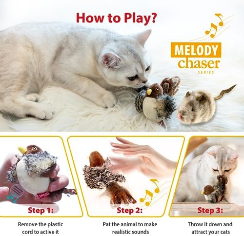 Gigwi Automatic Cat Toys Pack, Interactive Electronic Squeaky Animals Bird and Mouse, Plush Toys for Cats to Play Alone, 2 Pcs