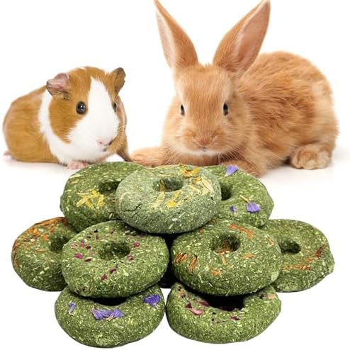 Fhiny Rabbit Chew Toys, 12 PCS Natural Timothy Hay & Flowers Cakes Guinea Pig Chew Treats for Teeth Handmade Small Animal Molar Snacks for Bunny Guinea Pig Chinchilla Hamster Gerbil Dental Care