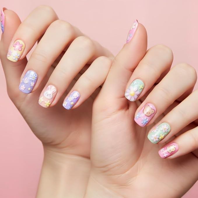 3D Embossed Korean Style Spring Bloom Nail Art Stickers, Flowers, Butterflies, Bunnies, Rainbow, Hearts, Self-Adhesive, Easy DIY for Everyday Outfit. (Bunny+Daisy) 2-Pack