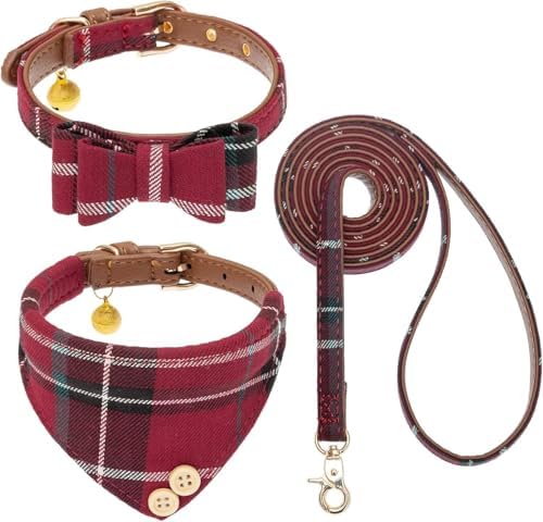KOOLTAIL Small Dog Collar and Leash Set with Bowtie and Bells - Cute Puppy Bandana Collar and Leash for Female with Classic Plaid Pattern,Soft Leather Tangle Free Leashes for Small Dogs Boys Girls,Red