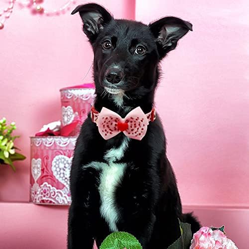 azuza Dog Collar Adjustable Spring Dog Collars Gift with Removable Bowtie & Lovely Pink Heart Pattern for Small Dogs