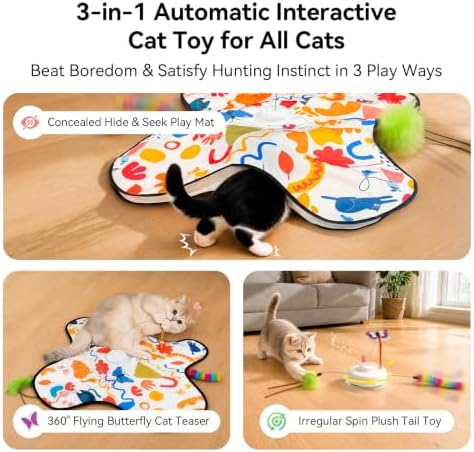 Interactive Cat Toys for Indoor Cats, 3 in 1 Hide and Seek Cat Toy with Moving Feather and Fluttering Butterfly, Rechargeable Touch Activated Automatic Kitten Toy, Squeaky Sound, 3 Modes