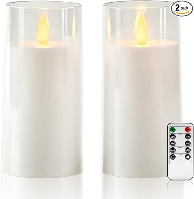 Raycare Flameless Electronic Pillar Candles with Remote Control and Timer- Battery Operated Realistic Flickering LED Fake Candle for Home, Wedding, Valentine's Day, Decor,White,Set of 2(3"x6"6")