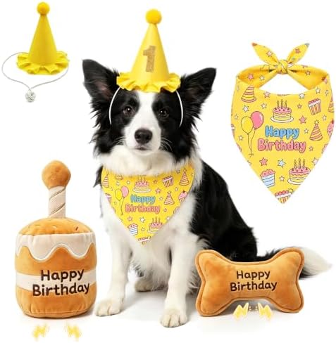 Xymoso Dog Birthday Gift Set,4 Pack Dog Birthday Interactive Squeak Toys Puppy Bandana Hat with Numbers Party Supplies for Small Medium Dogs