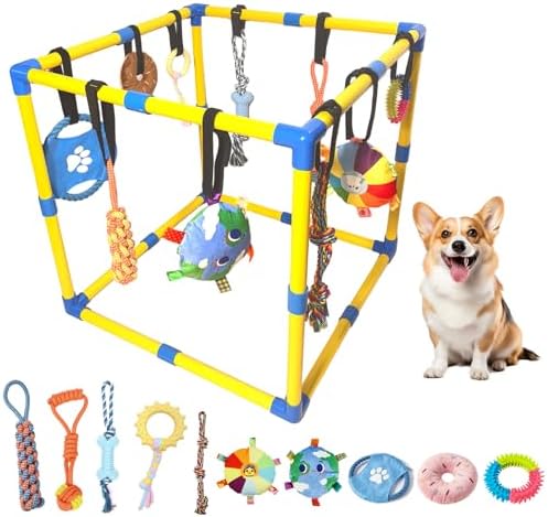 Puppy Play Gym with 10 Hanging Toys, 23.6" Removable Small Dogs Indoor Jungle Playground, Interactive Indoor Dog Training Activity Center for Interactive Teething and Mental Stimulation Toy Set