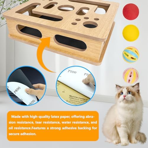 Cat Scratch Puzzle Enrichment Box,Clawcraft Wooden Cat Scratcher,No Assembly Required,Built-in Sandpaper Trims Your pet's Claws as They Play(Burlywood Color)