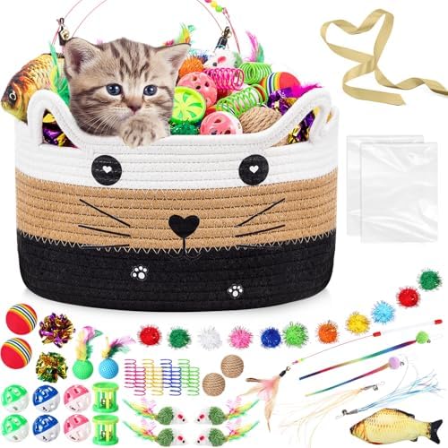 Zopeal 76 Pcs Cat Storage Basket Gift Toys Set, White,Coffee,Black